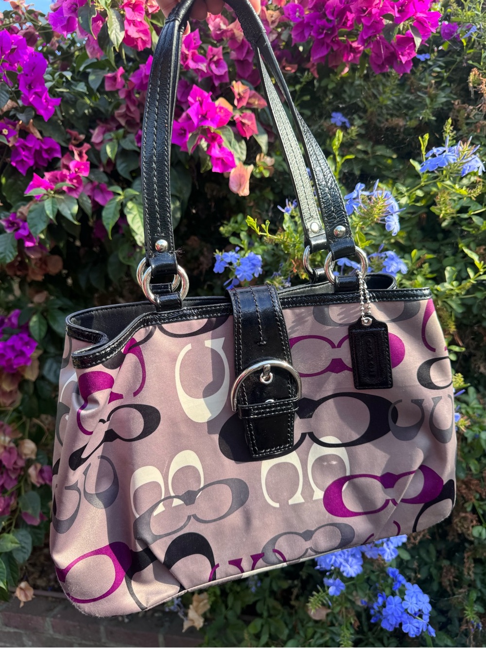 Coach Taupe Signature Shoulder Bag with Purple and Black Accents